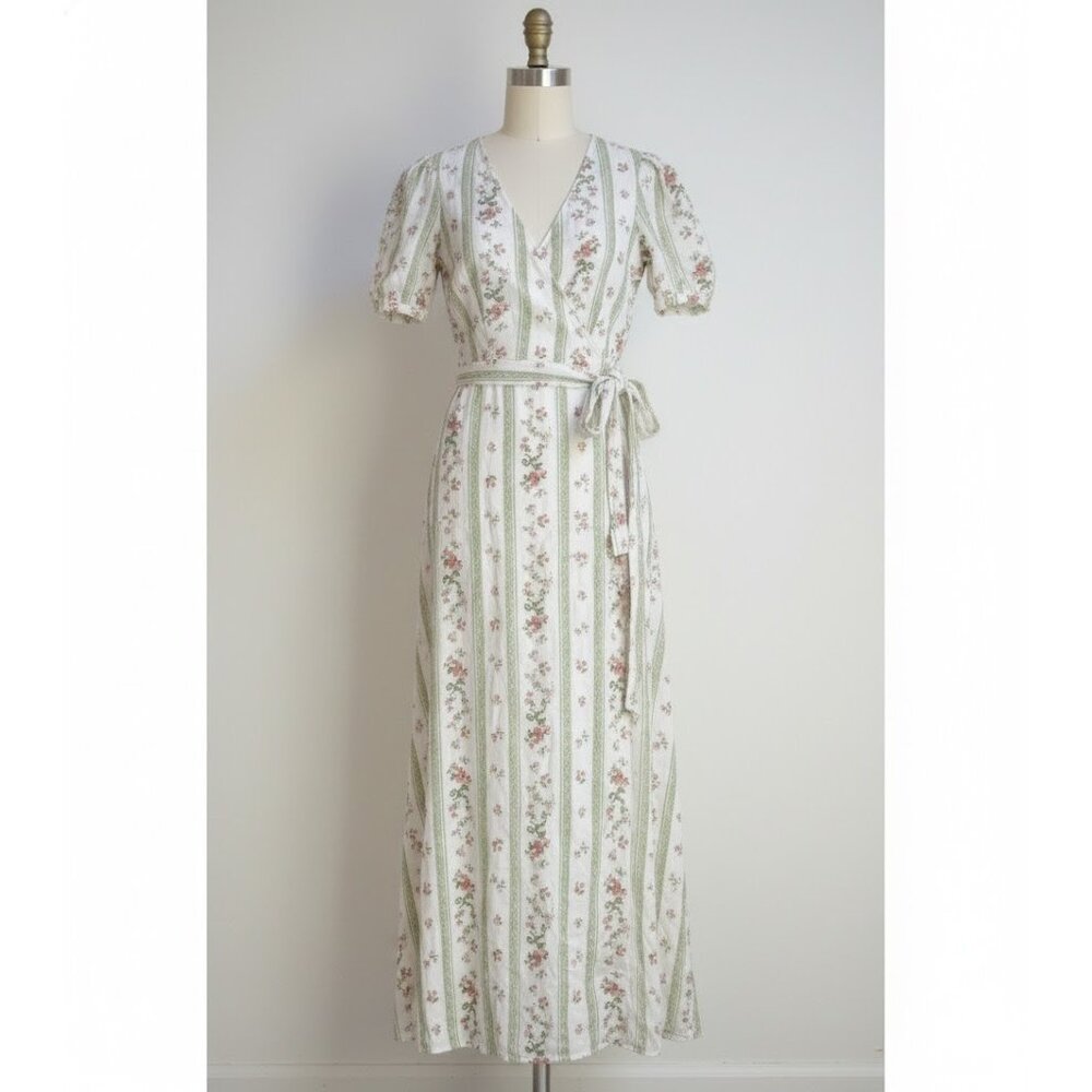 NWT Reformation Weiss in Heath Floral Linen Puff Sleeve Wrap Maxi Dress XS $218